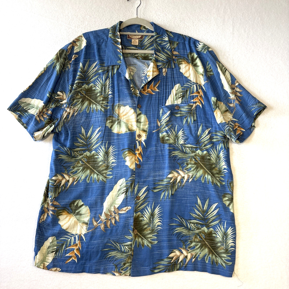 Y2K Calypso Joe Mens XXL Hawaiian Shirt Blue Palm Leaf 100% Rayon Tropical